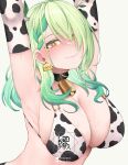  1girl animal_print antlers armpits arms_up artist_name bell bikini blush braid breasts ceres_fauna cleavage collar cow_print cowbell elbow_gloves french_braid gloves green_hair highres hololive hololive_english landacdeus large_breasts leaf mole mole_under_eye presenting_armpit simple_background smile solo sweat swimsuit upper_body virtual_youtuber yellow_eyes 