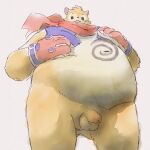  :3 anthro apluss balls belly bottomless brown_body brown_fur clothed clothing dubu_(omega_strikers) flaccid foreskin fur genitals gloves handwear hi_res low-angle_view male navel omega_strikers overweight penis scarf solo 