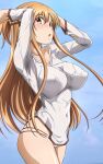  1girl arms_up asuna_(sao) bikini bikini_bottom_only bikini_under_clothes blue_background braid breasts brown_eyes brown_hair collarbone commentary_request covered_navel covered_nipples french_braid from_side large_breasts long_hair long_sleeves looking_at_viewer looking_to_the_side open_mouth sanada_sei shirt short_ponytail solo swimsuit sword_art_online tight_clothes tight_shirt wet wet_clothes wet_shirt white_bikini white_shirt 