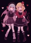  2girls blonde_hair blush commentary fangs flandre_scarlet highres long_hair looking_at_viewer mozukuzu_(manukedori) multiple_girls open_mouth purple_hair red_eyes remilia_scarlet short_hair siblings sisters smile symbol-only_commentary touhou 