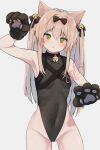  1girl :o animal_ears animal_hands arm_up bare_hips bell black_bow black_collar black_leotard blush bow cat_ears chest_harness collar commentary covered_navel cropped_legs girls&#039;_frontline gloves green_eyes grey_background groin hair_bell hair_between_eyes hair_bow hair_intakes hair_ornament harness head_tilt highleg highleg_leotard highres leotard long_hair looking_at_viewer neck_bell no_pants no_shirt open_mouth paw_gloves paw_pose pink_hair signature simple_background sleeveless_turtleneck_leotard solo thighs tmp_(girls&#039;_frontline) tmp_(meow_prism_power)_(girls&#039;_frontline) two_side_up youthpaint 