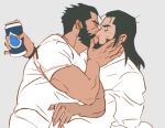  2boys bad_id bad_tumblr_id bara beard blue_eyes can facial_hair flat_color from_side graves_(league_of_legends) hand_on_another&#039;s_cheek hand_on_another&#039;s_face holding holding_can jaeun90_(lju90) kiss league_of_legends long_hair male_focus mature_male multiple_boys muscular muscular_male shirt short_hair sweatdrop thick_eyebrows twisted_fate upper_body white_shirt yaoi 