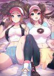  2girls :d artist_name bare_legs bare_shoulders baseball_cap bed_sheet black_footwear black_vest blue_eyes blue_shirt blush breasts bright_pupils brown_hair closed_mouth collarbone darklux double_bun hair_bun hat heart hilda_(pokemon) holding_hands interlocked_fingers large_breasts leg_up leggings_under_shorts long_hair long_sleeves looking_at_viewer lying medium_breasts midriff multiple_girls navel on_back open_clothes open_mouth open_vest pokemon pokemon_(game) pokemon_bw pokemon_bw2 ponytail raglan_sleeves rosa_(pokemon) shirt shorts sidelocks sleeveless sleeveless_shirt smile spread_legs sweatband twintails very_long_hair vest visor_cap white_footwear white_headwear white_shirt yellow_shorts 