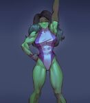  1girl abs absurdres armpits black_hair breasts colored_skin encariah1 gloves green_hair green_skin hand_up highres large_breasts leotard long_hair looking_at_viewer marvel muscular muscular_female she-hulk simple_background solo 