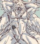 anthro armpit_hair balls body_hair censored delicious_in_dungeon digital_media_(artwork) erection feathered_wings feathers felid fur genitals horn inubikko lion male mammal mane nude open_mouth pantherine penis sketch solo winged_lion_(delicious_in_dungeon) wings 