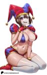  1girl bikini blue_bikini blue_eyes blush breasts brown_hair collarbone commentary enma_(enmanuelart) facepaint gloves hair_between_eyes hand_up hat highres jester_cap large_breasts looking_at_viewer navel nervous_smile open_mouth patreon_username pomni_(the_amazing_digital_circus) puffy_short_sleeves puffy_sleeves red_bikini red_eyes red_footwear red_gloves short_sleeves sidelocks sitting skindentation smile strap_gap sweat swimsuit the_amazing_digital_circus thighhighs thighs wariza wavy_mouth web_address white_thighhighs 