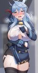  1girl absurdres ako_(blue_archive) bell black_gloves blue_archive blue_eyes blue_hair blurry blush breasts cleavage commentary_request depth_of_field earrings garter_straps gloves gun hair_between_eyes hairband half_gloves handgun heavy_breathing highres jewelry large_breasts long_hair long_sleeves looking_at_viewer neck_bell nekojima pencil_skirt sidelocks skirt solo sweat visible_air weapon 