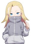  1girl absurdres ahoge blonde_hair blue_eyes do_it_yourself!! gazacy_(dai) highres jacket juliet_queen_elizabeth_viii long_hair simple_background thumbs_up white_background zipper_pull_tab 
