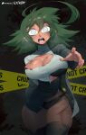  1girl ahoge bad_end big_hair black_bra black_thighhighs blood blood_from_mouth bra breasts caution_tape cleavage cleavage_cutout clothing_cutout commentary cuts dark-skinned_female dark_skin dress empty_eyes english_commentary flytrapxx green_hair grey_eyes highres huge_ahoge injury large_breasts liz_(flytrapxx) medium_hair no_pants original reaching reaching_towards_viewer solo sweater thigh_gap thighhighs torn_clothes torn_dress torn_sweater turtleneck turtleneck_sweater underwear white_sweater zombie 