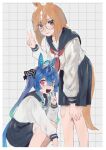  2girls :d absurdres ahoge animal_ears aqua_hair blue_eyes blue_hair blue_neckerchief blue_sailor_collar blue_skirt blunt_ends blush bob_cut border bow brown_eyes closed_mouth commentary_request crossed_bangs feet_out_of_frame glasses grey_background grid_background hair_between_eyes hair_bow hand_on_own_knee hand_up heterochromia highres horse_ears horse_girl horse_tail ikuno_dictus_(umamusume) kajitsu_ohima leaning_forward light_brown_hair long_hair long_sleeves looking_at_viewer multicolored_hair multiple_girls neckerchief open_mouth pleated_skirt purple_eyes red_neckerchief ringed_eyes round_eyewear sailor_collar school_uniform serafuku sharp_teeth shirt sidelocks skirt smile squatting standing streaked_hair striped striped_bow tail teeth twin_turbo_(umamusume) twintails two-tone_hair umamusume v white_border white_shirt 