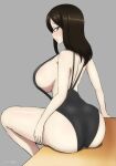  1girl ass black_hair black_one-piece_swimsuit blue_eyes blush breasts bukkuri dated girls_und_panzer grey_background highres large_breasts long_hair looking_at_viewer nonna_(girls_und_panzer) one-piece_swimsuit open_mouth shiny_skin sideboob simple_background sitting solo swimsuit 