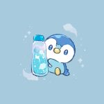  animal_focus blue_eyes bottle chibi commentary crescent drink food_focus head_tilt kinakomochi_(monsteromochi) looking_at_viewer no_humans piplup pokemon pokemon_(creature) ramune sitting soda solo sparkle star_(symbol) 