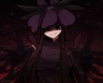  1girl absurdres black_hair blunt_bangs dress elbow_gloves empty_eyes flower flower_on_head gloves gradient_background grape_print highres littlecloudie long_hair looking_at_viewer purple_dress shaded_face smile solo touhou unfinished_dream_of_all_living_ghost upper_body vine_print yomotsu_hisami 