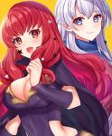  2girls :d alternate_eye_color blue_eyes blue_scarf breasts cape cleavage commentary_request edamameoka facial_mark fire_emblem fire_emblem:_radiant_dawn fire_emblem_engage highres large_breasts looking_at_viewer micaiah_(fire_emblem) multiple_girls open_mouth purple_cape red_hair scarf simple_background smile star_(symbol) upper_body white_hair yellow_background yunaka_(fire_emblem) 