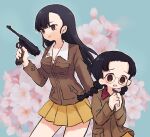  2girls black_hair blunt_bangs blush braid breasts cherry_blossoms cleavage collared_shirt frown fukuda_haru girls_und_panzer glasses grey_eyes gun handgun holding holding_gun holding_weapon jacket long_hair military multiple_girls nambu_type_14 nishi_kinuyo open_mouth own_hands_together parted_bangs pleated_skirt red_eyes ri_(qrcode) round_eyewear shirt skirt smile star_(symbol) twin_braids uniform weapon 