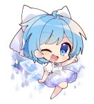  ;d absurdres ahoge alternate_costume aqua_eyes aqua_hair blush bow chibi cirno clenched_hand collared_dress commentary_request dress gradient_dress grey_ribbon highres ice ice_wings leg_up looking_at_viewer misosiru_0224 neck_ribbon one_eye_closed open_mouth pointing pointing_forward puffy_short_sleeves puffy_sleeves ribbon short_hair short_sleeves simple_background smile touhou white_background white_bow white_dress wings 