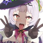  1girl :d black_gloves blush brown_eyes double_v gloves hair_ornament hairband hat heart heart-shaped_pupils highres hololive looking_at_viewer mitarashinejiri murasaki_shion penis_shadow purple_hair simple_background smile solo symbol-shaped_pupils teeth tongue tongue_out v virtual_youtuber white_background witch_hat 