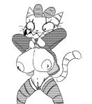  2023 anthro areola arms_bent big_areola big_bow big_breasts big_eyes big_mouth_(anatomy) big_nipples biped bow_(feature) bow_ribbon breasts clothed clothing clothing_lift crotch_tuft digital_drawing_(artwork) digital_media_(artwork) domestic_cat eyelashes felid feline felis female flashing flashing_breasts fur fur_tuft greyscale hot_topic huge_areola huge_breasts legwear long_eyelashes mammal markings mascot monochrome navel nipples no_irises open_mouth open_smile partially_clothed partially_clothed_anthro partially_clothed_female pattern_clothing pattern_legwear pattern_thigh_highs portrait prick_ears pupils round_eyes sharp_teeth small_nose small_pupils smile solo standing striped_clothing striped_ears striped_legwear striped_markings striped_tail striped_thigh_highs stripes sweetypuss tail tail_markings teeth thick_thighs thigh_highs thong three-quarter_portrait three-quarter_view topwear_lift tuft underwear wide_hips wide_stance zinco 