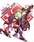 1boy 1girl abs absurdres arataki_itto arm_up black_coat black_nails black_shorts black_thighhighs club_(weapon) coat commentary_request crop_top genshin_impact green_hair grey_pants highres holding holding_weapon horns jacket kanabou kuki_shinobu long_hair long_sleeves midriff nail_polish on_one_knee open_clothes open_coat over_shoulder pants ponytail purple_eyes purple_jacket red_eyes revision samacho short_hair short_shorts short_sleeves shorts thighhighs very_long_hair weapon weapon_over_shoulder white_background white_hair 