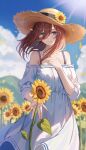  1girl absurdres alternate_costume blue_eyes blue_sky blurry blurry_background closed_mouth cloud commentary_request day dress field flower flower_field go-toubun_no_hanayome hair_between_eyes hand_on_own_chest hand_up hat hat_flower highres long_bangs long_hair looking_at_viewer nakano_miku off-shoulder_dress off_shoulder outdoors outstretched_hand raikun_raikun sky smile solo strap straw_hat sundress sunflower sunflower_field sunlight white_dress 