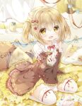  1girl animal_ears animal_hands bed bed_sheet blonde_hair blush bow bowtie cat_paws cup fox_tail highres moco_ofuton original pillow red_bow red_bowtie red_ribbon ribbon smile star_(symbol) tail thighhighs twintails uwu white_thighhighs yellow_eyes 