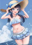  1girl bikini bikini_skirt black_hair blue_bikini blue_eyes blue_sky brown_headwear cloud collarbone hat holding holding_clothes holding_hat long_hair looking_at_viewer low_twintails navel open_mouth original satolive20 sky smile solo stomach sun_hat swimsuit twintails water 