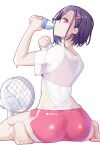  1girl ass bottle breasts cameltoe dolphin_shorts drinking electric_fan english_commentary feet from_behind hair_behind_ear hair_ornament hairclip highres holding holding_bottle hot_vr looking_at_viewer mikazuki_shizuka patreon_username pink_eyes pink_shorts pink_sports_bra pocari_sweat product_placement profile purple_hair see-through see-through_shirt shirt short_hair shorts sitting small_breasts soles solo sports_bra sweat toes wariza white_background white_shirt zom_100:_zombie_ni_naru_made_ni_shitai_100_no_koto 