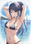  1girl absurdres armpits arms_up bikini black_bikini blue_eyes blue_hair blue_sky cloud collarbone day groin hair_tie_in_mouth highres hoshino_ichika_(project_sekai) long_hair looking_at_viewer loulis_0115 mouth_hold navel o-ring o-ring_bikini ocean outdoors ponytail project_sekai sidelocks sky solo stomach swimsuit tying_hair 