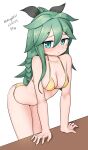  1girl absurdres bikini black_ribbon braid breasts cleavage feet_out_of_frame green_eyes green_hair hair_between_eyes hair_ornament hair_ribbon hairclip highres kantai_collection long_hair maru_(marg0613) medium_breasts one-hour_drawing_challenge parted_bangs ponytail ribbon side_braid sidelocks simple_background solo swimsuit table white_background yamakaze_(kancolle) yellow_bikini 