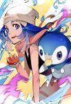  1girl absurdres beanie black_shirt blue_hair commentary_request dawn_(pokemon) grey_eyes hat highres holding holding_poke_ball long_hair looking_at_viewer ogura_aoi open_mouth orange_scarf piplup poke_ball pokemon pokemon_(game) pokemon_bdsp pokemon_dppt scarf shirt sleeveless sleeveless_shirt smile solo teeth tongue upper_teeth_only white_headwear 
