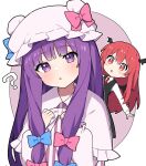  2girls ? absurdres black_vest blue_bow blush blush_stickers bow collared_shirt dress hair_bow hat head_wings highres koakuma long_hair long_sleeves miz_(mizillustration) mob_cap multiple_girls necktie parted_lips patchouli_knowledge puffy_short_sleeves puffy_sleeves purple_dress purple_eyes purple_headwear red_bow red_eyes red_hair red_necktie shirt short_sleeves touhou vest white_shirt wings 