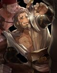  3boys bara beard blush brown_hair chest_hair clothes_pull dan_(granblue_fantasy) facial_hair feet_out_of_frame granblue_fantasy hair_slicked_back hand_up holding holding_sword holding_weapon imminent_rape karipaku large_pectorals male_focus mature_male medium_hair multiple_boys muscular muscular_male mutton_chops pectoral_cleavage pectorals pirate pulled_by_another shirt_pull solo_focus sweatdrop sword sword_to_throat threat undressing_another weapon wrinkled_skin 