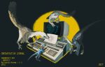  absurdres animal_focus blank_eyes computer dinosaur english_text feathers full_body grey_background highres ibm lanyard nightcrow no_humans open_mouth original outline standing talons two-tone_background velociraptor yellow_eyes yellow_outline 