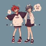  2girls black_footwear blue_background blue_hair blue_shirt braid braided_ponytail full_body highres looking_at_another multiple_girls open_mouth ranma-chan ranma_1/2 red_hair shirt short_hair simple_background siyer_(siyeyeyeyer) skirt standing stuffed_animal stuffed_panda stuffed_toy sunglasses tendou_akane 