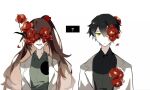  1boy 1girl aislan ayin_(project_moon) black_shirt brown_hair carmen_(project_moon) closed_mouth coat collared_shirt facing_viewer flower flower_over_eye flower_over_eyes green_shirt half_updo highres hole_in_chest hole_on_body lab_coat lobotomy_corporation long_hair long_sleeves looking_at_viewer messy_hair project_moon red_flower shirt upper_body very_long_hair white_coat wing_collar 