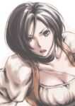  1girl black_hair breasts brown_eyes choker cleavage final_fantasy final_fantasy_ix garnet_til_alexandros_xvii gloves jewelry looking_at_viewer lowres necklace open_mouth puffy_sleeves short_hair simple_background solo white_background yokutsuki_noa 