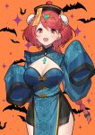  1girl absurdres blush breasts chinese_clothes cleavage dress earrings green322 halloween halloween_costume hat highres jewelry jiangshi jiangshi_costume large_breasts looking_at_viewer ofuda ofuda_on_head open_mouth pyra_(xenoblade) qing_guanmao red_eyes red_hair short_hair sleeves_past_fingers sleeves_past_wrists smile solo swept_bangs talisman xenoblade_chronicles_(series) xenoblade_chronicles_2 