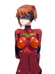  1girl arms_behind_back blindfold bodysuit breasts closed_mouth commentary_request cowboy_shot expressionless gloves grabbing_own_arm hair_between_eyes himagin20180321 interface_headset looking_at_viewer looking_to_the_side medium_breasts neon_genesis_evangelion orange_hair pilot_suit plugsuit rebuild_of_evangelion red_bodysuit short_hair simple_background skin_tight solo souryuu_asuka_langley standing turtleneck upper_body white_background 