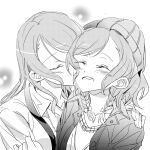  2girls bang_dream! bead_necklace beads blush bow braid closed_eyes greyscale hair_bow hand_on_another&#039;s_shoulder hat highres hikawa_hina hikawa_sayo incest jacket jewelry junjun_(kimi-la) kiss kissing_cheek long_hair medium_hair monochrome multiple_girls multiple_hair_bows necklace open_mouth siblings sisters smile sweater twin_braids twincest twins yuri 