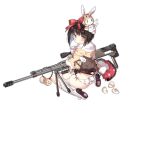  1girl animal_earmuffs animal_print ass black_shirt blush bow brown_hair closed_mouth coat colored_shoe_soles cracked_egg earmuffs_removed egg_yolk fake_tail footwear_bow from_behind fur-trimmed_coat fur_trim girls&#039;_frontline gun hair_bow holding holding_gun holding_weapon hood hooded_coat kneeling long_sleeves looking_at_viewer looking_back m99_(cyclamen)_(girls&#039;_frontline) m99_(girls&#039;_frontline) no_pants official_alternate_costume official_art panties print_panties purple_eyes rabbit_print rabbit_tail red_bow ribbed_thighhighs saru scope scorch_mark shirt shoe_soles short_hair side-tie_panties simple_background solo stuffed_animal stuffed_rabbit stuffed_toy tail tareme tearing_up tears thighhighs torn_clothes torn_coat torn_shirt torn_sleeves torn_thighhighs transparent_background underwear wavy_mouth weapon white_footwear white_panties white_sleeves zijiang_m99 