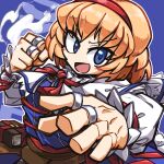  1girl :d alice_margatroid amerika_zarigani blonde_hair blue_background blue_dress blue_eyes blush book bow bowtie breasts capelet clenched_hand commentary_request cookie_(touhou) dress dutch_angle hairband highres jewelry lock long_sleeves looking_at_viewer medium_bangs medium_breasts multiple_rings open_mouth outline red_bow red_bowtie red_hairband red_sash ring sakuranbou_(cookie) sash short_hair smile smoke smoking_fist solo touhou upper_body white_capelet white_outline 