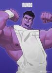  1boy absurdres bara colored_skin double_biceps_pose dr._mundo facing_viewer flexing highres juhachiii large_pectorals league_of_legends male_focus muscular muscular_male nipples no_pupils pectorals purple_skin saliva short_hair sidepec solo thick_eyebrows tongue tongue_out upper_body 