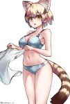  1girl animal_ears blonde_hair blue_bra blue_panties blush bow bow_panties bra breasts cat_ears cat_tail cleavage highres kemono_friends large_breasts looking_at_viewer navel open_mouth panties riro_(breakthrough_rr) sand_cat_(kemono_friends) shirt shirt_removed short_hair solo tail underwear yellow_eyes 