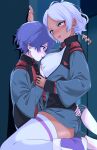  1boy 1girl absurdres age_difference ahoge aqua_eyes asticassia_school_uniform black_hair blush breasts commission cuddling curvy dark-skinned_female dark_skin girl_on_top grey_hair gundam gundam_suisei_no_majo height_difference hetero highres hug it&#039;s_ok_to_touch kabedon large_breasts long_sleeves mizuno374 onee-shota pixiv_commission rouji_chante saliva saliva_trail school_uniform secelia_dote short_hair sitting sitting_on_lap sitting_on_person thick_thighs thighhighs thighs white_thighhighs wide_sleeves 