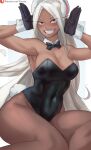  1girl :d animal_ears armpits arms_up bare_shoulders black_bow black_bowtie black_gloves black_leotard boku_no_hero_academia bow bowtie breasts cleavage covered_navel dark-skinned_female dark_skin detached_collar funi_xd gloves hands_up highres large_breasts leotard long_eyelashes long_hair looking_at_viewer mirko parted_bangs patreon_username playboy_bunny rabbit_ears rabbit_girl rabbit_pose rabbit_tail red_eyes sitting smile solo strapless strapless_leotard tail teeth thick_thighs thighs toned traditional_bowtie very_long_hair white_hair wrist_cuffs 