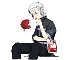  1boy absurdres al3x_alex bandage_over_one_eye black_pants blood blood_bag blue_eyes cross cross_earrings earrings hand_on_own_chin highres holding jewelry male_focus open_mouth original pants short_hair short_sleeves simple_background sitting white_background white_hair 