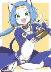  1girl :d animal_ears blue_hair blush_stickers cat_ears cat_tail collar collarbone gloves green_eyes long_hair looking_at_viewer low_twintails meracle_chamlotte o-ring open_mouth smile solo star_ocean star_ocean_the_last_hope tail thighhighs twintails yuiki_wakana 
