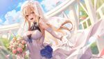  1girl blonde_hair blue_flower blue_rose blue_sky blurry blurry_background bouquet breasts bridal_gauntlets bridal_veil bride brown_eyes cendrillon_(vocaloid) cleavage cloud commentary_request crossed_bangs day dress flower hair_between_eyes highres holding holding_bouquet long_hair medium_breasts open_mouth outdoors pink_flower pink_rose rose sidelocks sira_(user_dswn7488) sky smile solo teeth tree upper_teeth_only usami_yuno veil virtual_youtuber wedding_dress white_bridal_gauntlets white_flower white_rose 