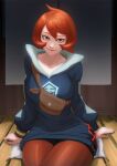  1girl arezu_(pokemon) brown_bag indoors looking_at_viewer pantyhose pokemon pokemon_(game) pokemon_legends:_arceus red_eyes red_hair short_hair sitting smile smug solo thick_thighs thighs wide_hips zetman92 
