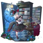  1girl absurdres ahoge animal_ears arm_ribbon bag_of_chips belt black_belt black_dress black_footwear black_headwear black_ribbon black_tail blue_eyes blue_flower blue_hair book book_stack bookshelf border can candlestand chain checkered_floor chips_(food) closed_mouth commentary cookie dress eyepatch fake_animal_ears flower food food-themed_hair_ornament frilled_dress frills full_body gem grey_hair hair_ornament hairclip hanging_lantern hat hat_flower heterochromia highres holding holding_book holding_stuffed_toy looking_at_viewer medium_hair multicolored_hair neck_ribbon off-shoulder_dress off_shoulder official_art petals plate puffy_short_sleeves puffy_sleeves pumpkin_hair_ornament red_flower red_gemstone red_tail ribbon riichi_city shiraha_asuka_(riichi_city) short_sleeves solo sseli stairs standing streaked_hair stuffed_animal stuffed_rabbit stuffed_toy table tablecloth tail tail_ornament white_border witch_hat wooden_table yellow_eyes 
